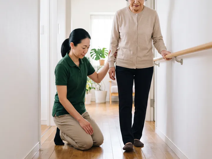 ご自宅の廊下で手すりを持ちながら歩く高齢者の方に寄り添い、歩行リハビリを介助する理学療法士